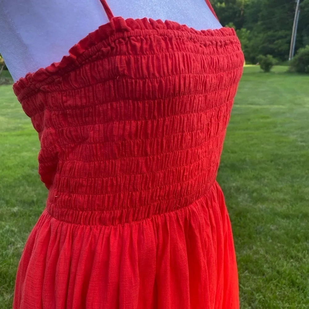 & Other Stories Red Cotton Maxi Dress Ruched Smocked Size 8